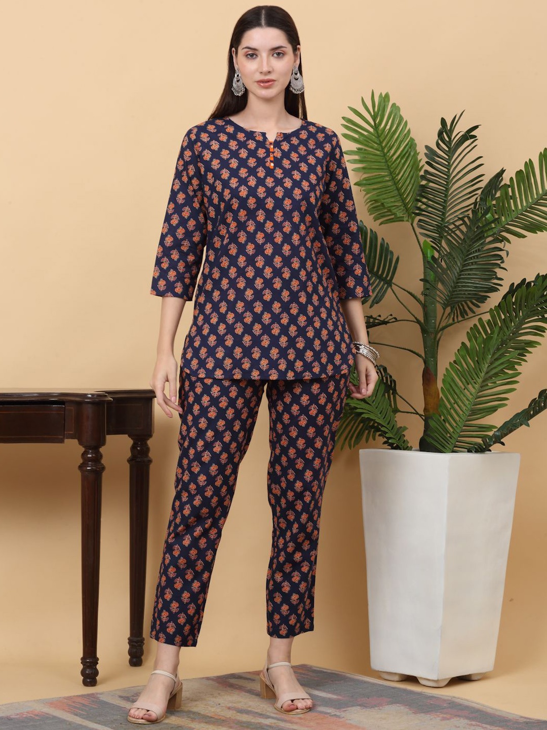 

KALINI Round Neck Printed Pure Cotton Tunic With Trousers, Blue