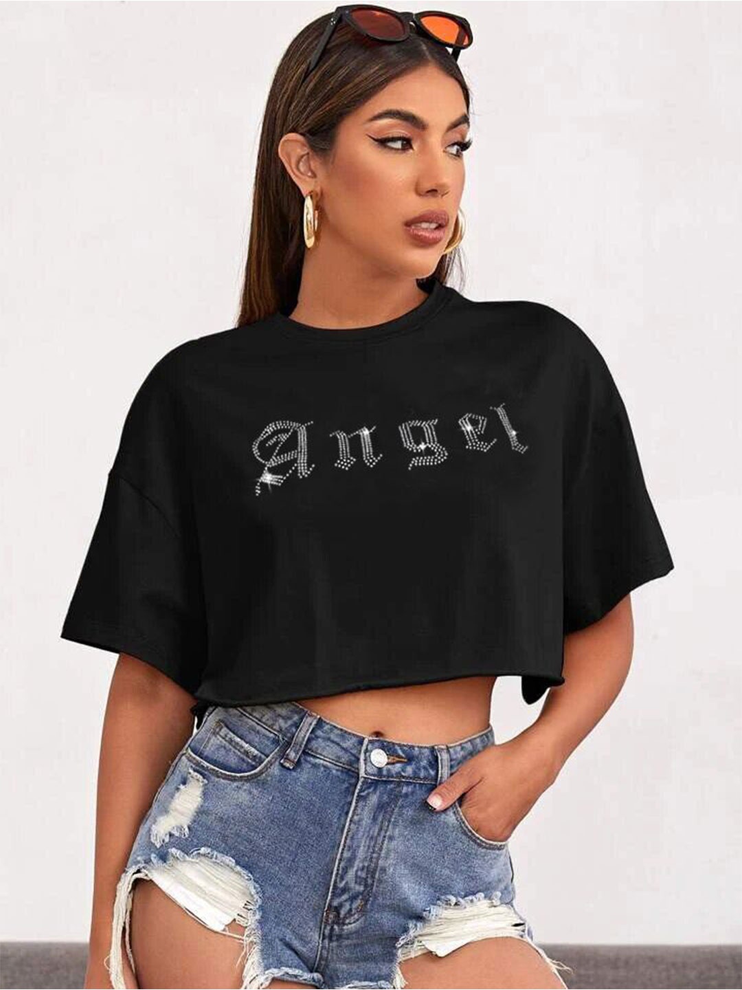 

sollobell Embellished Cotton Boxy Crop Top, Black