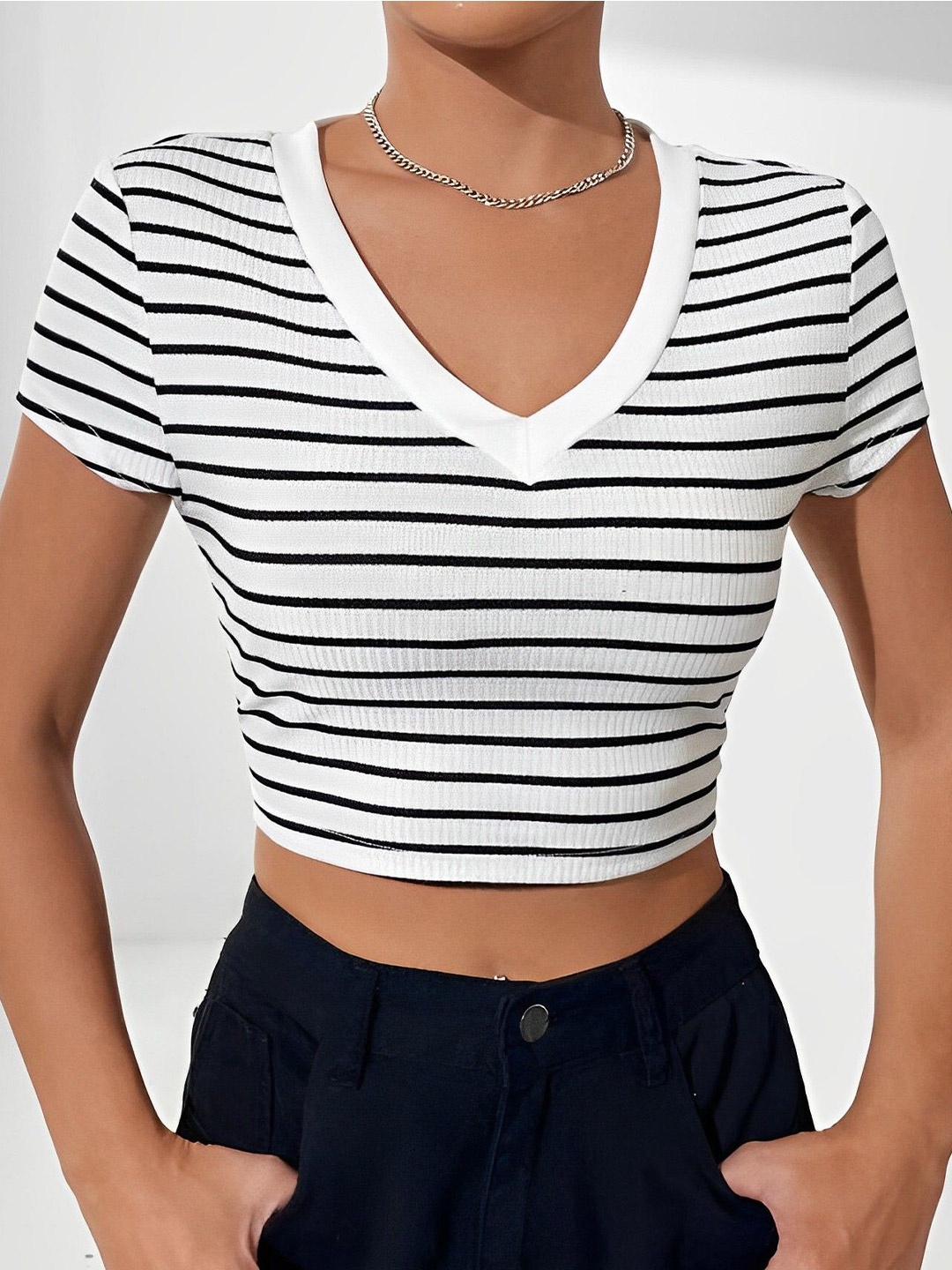 

sollobell Women Striped Cotton Crop Top, White