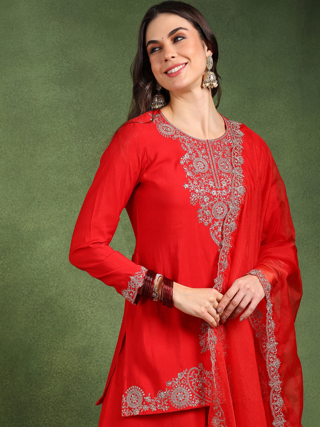 

AHIKA Red Floral Embroidered Round Neck Straight Kurta With Palazzos & Dupatta