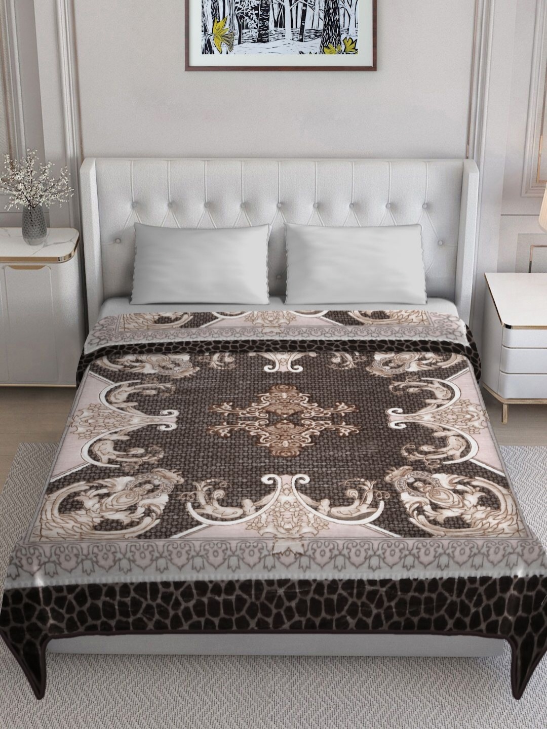 

KLOTTHE Brown Floral Patterned 1000 GSM Woollen Heavy Winter King Double Bed Blanket