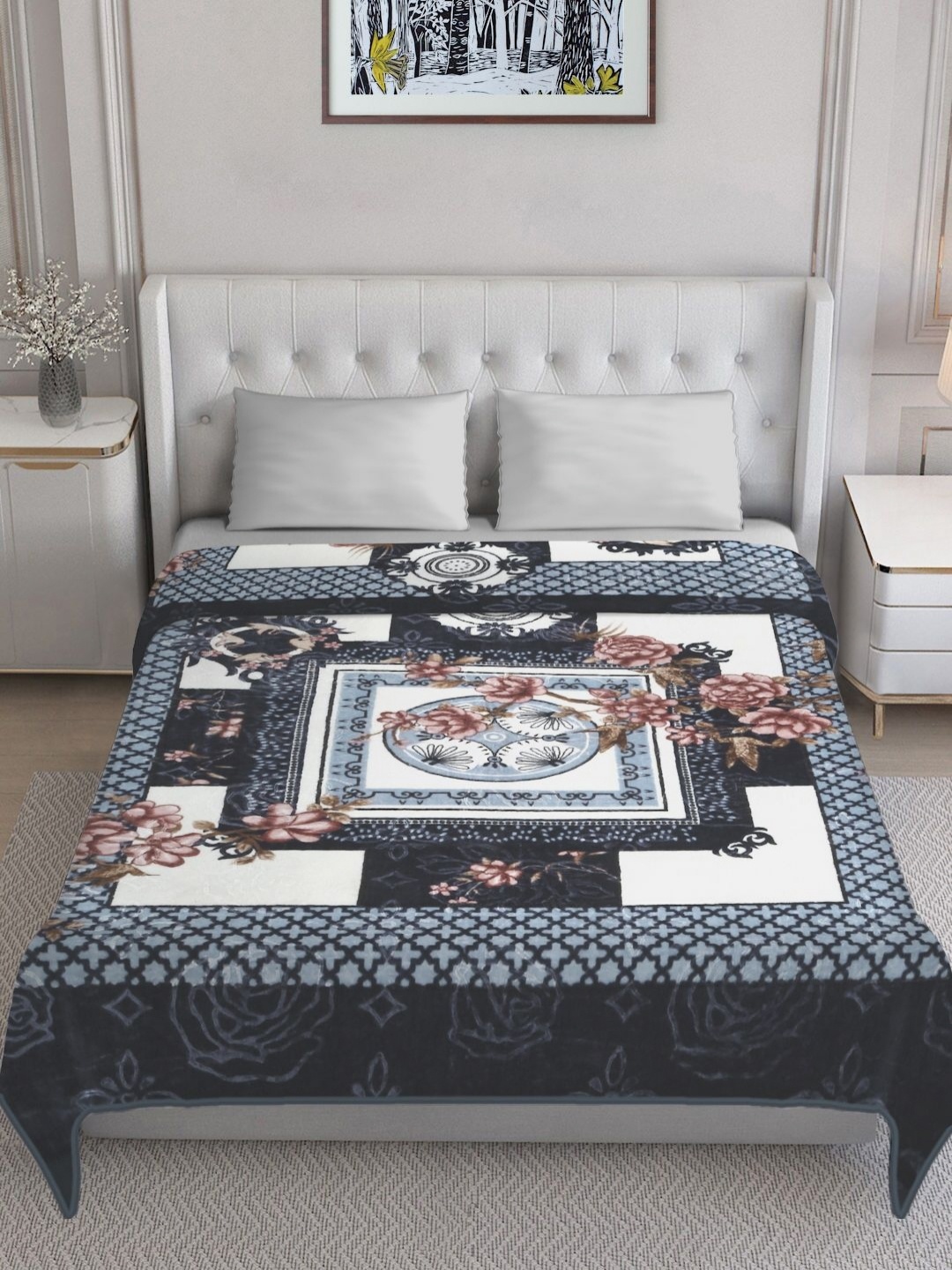 

KLOTTHE Grey & White Floral 1000 GSM Woollen Heavy Winter King Double Bed Blanket