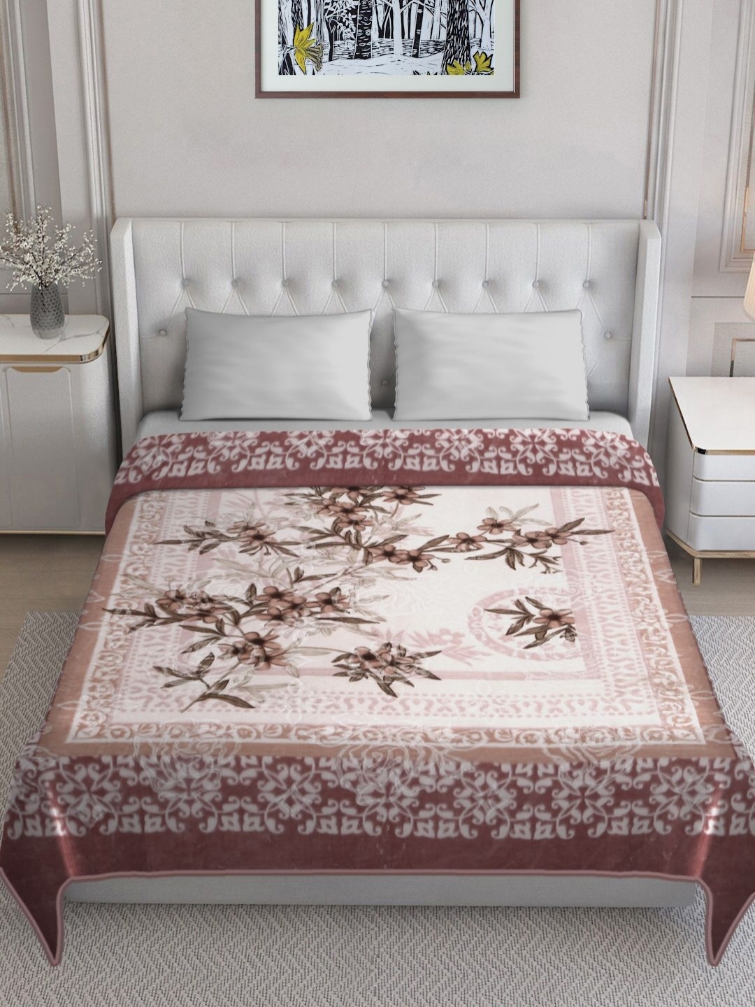 

KLOTTHE Peach Floral Patterned 1000 GSM Woollen Heavy Winter King Double Bed Blanket