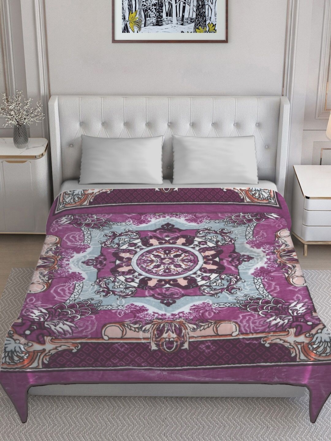 

KLOTTHE Purple Floral Patterned 1000 GSM Woollen Heavy Winter King Double Bed Blanket