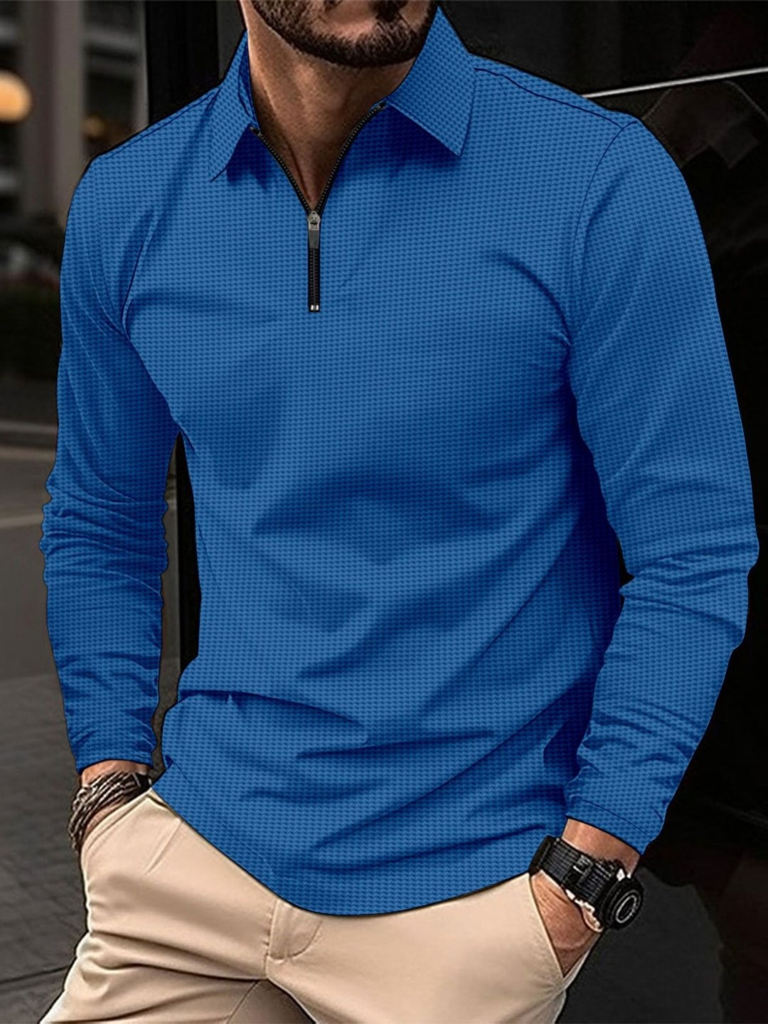 

StyleCast x Revolte Men Self Design Polo Collar T-shirt, Blue