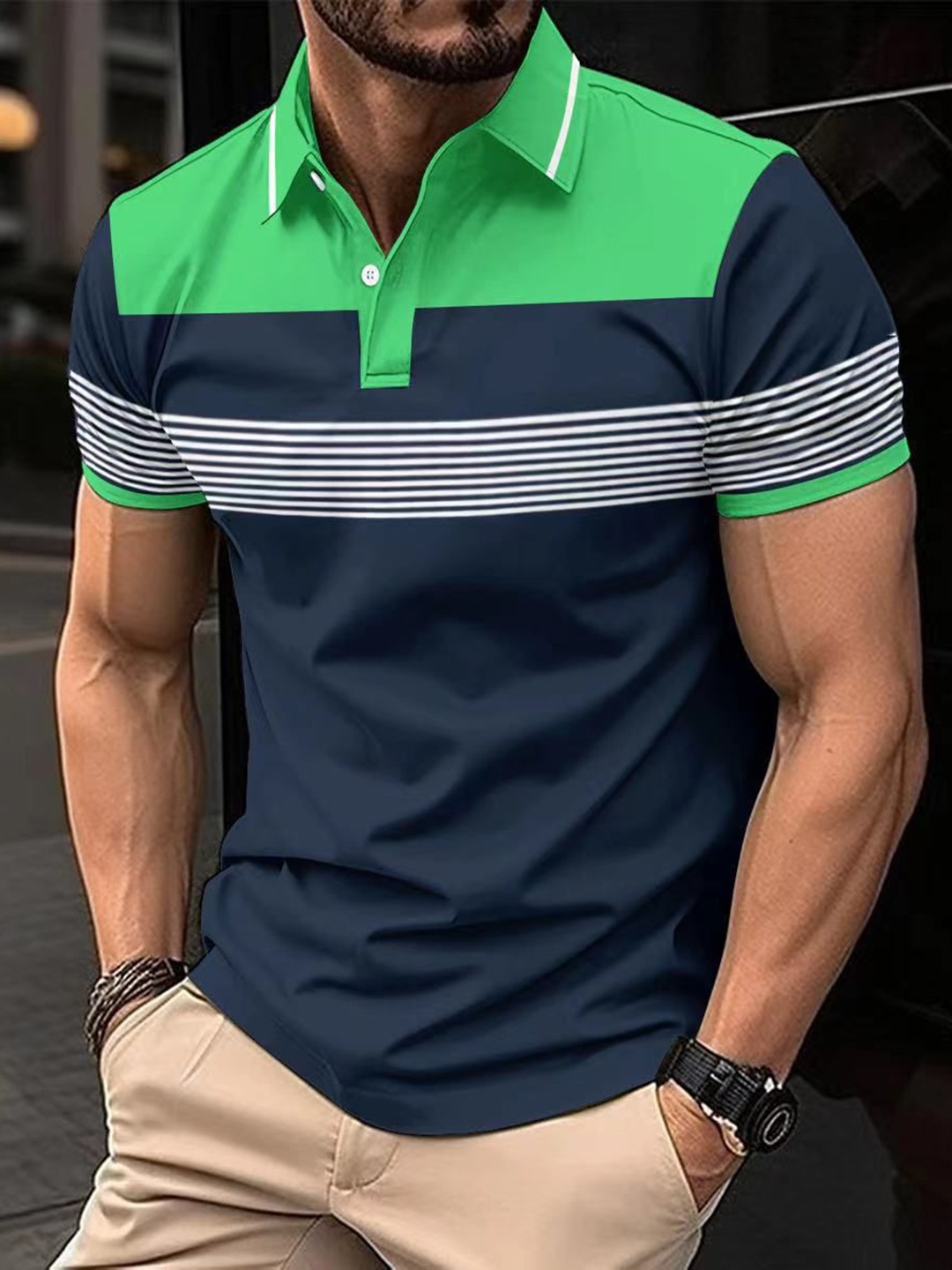 

StyleCast x Revolte Men Striped Polo Collar Slim Fit T-shirt, Navy blue