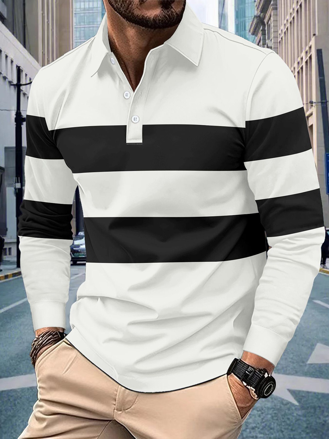 

StyleCast x Revolte Men Striped Polo Collar T-shirt, White