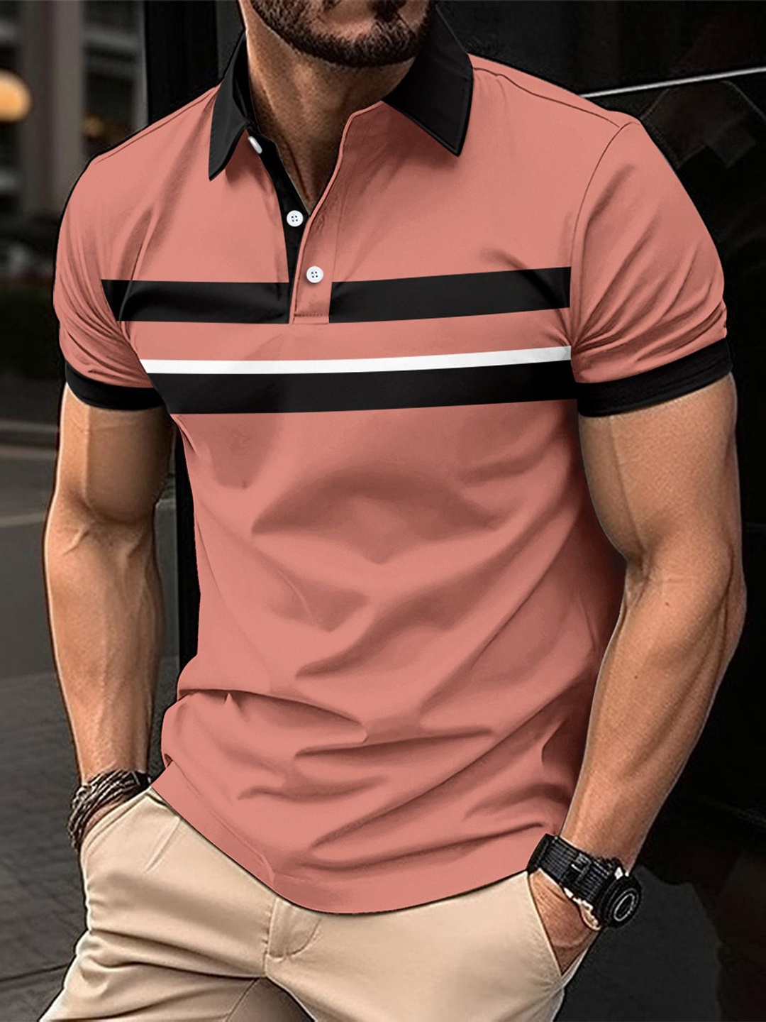 

StyleCast x Revolte Men Striped Polo Collar Slim Fit T-shirt, Pink