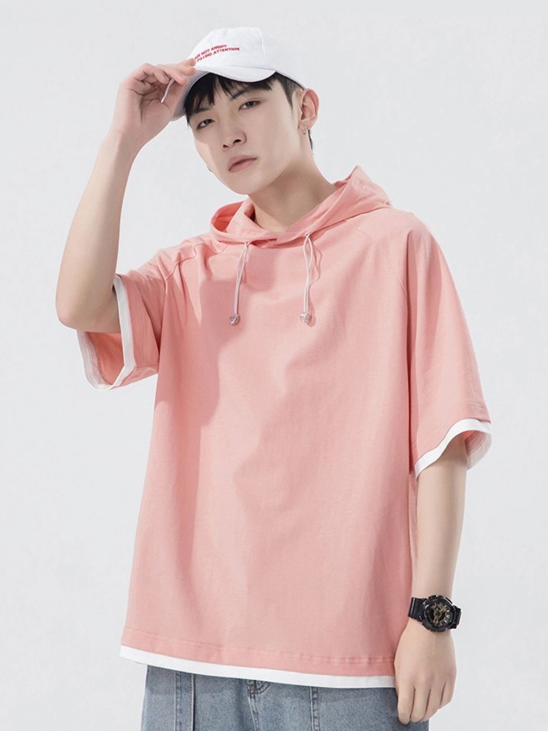 

StyleCast x Revolte Men Solid Hooded Oversized Cotton T-shirt, Pink