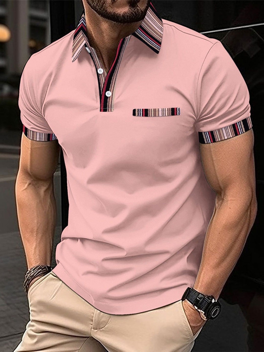 

StyleCast x Revolte Men Solid Polo Collar Slim Fit T-shirt, Pink