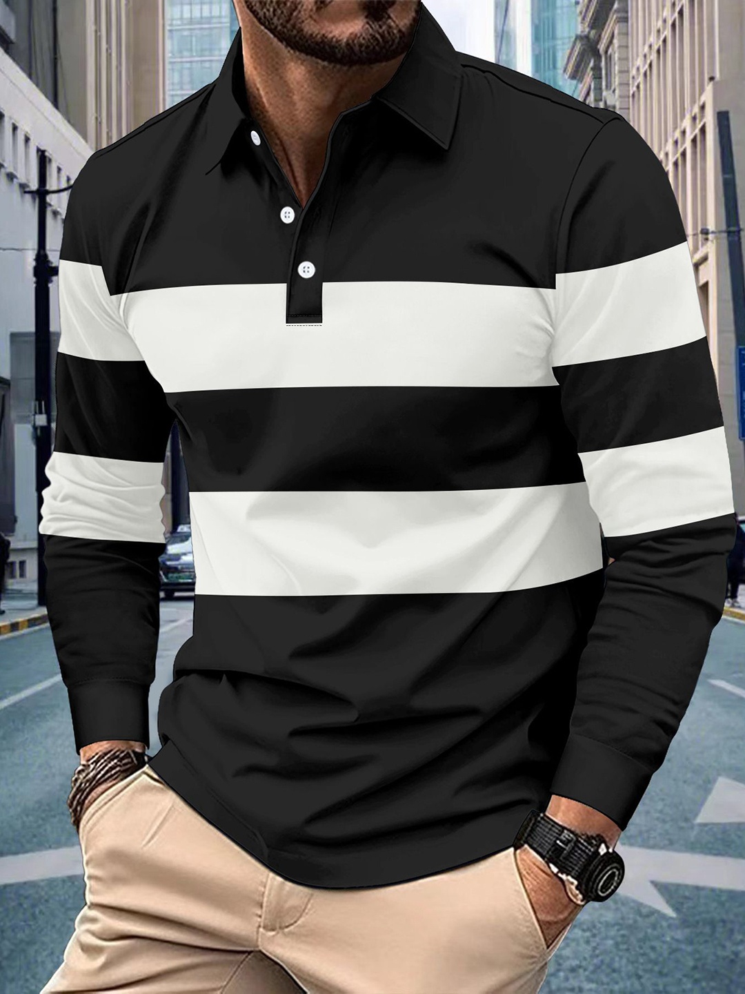 

StyleCast x Revolte Men Striped Polo Collar T-shirt, Black