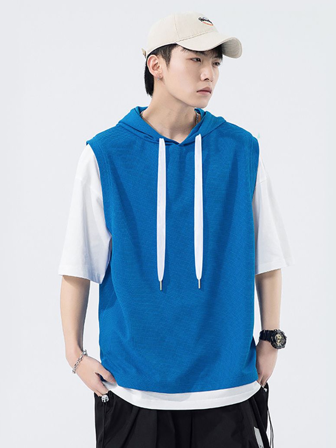 

StyleCast x Revolte Men Solid Hooded T-shirt, Blue