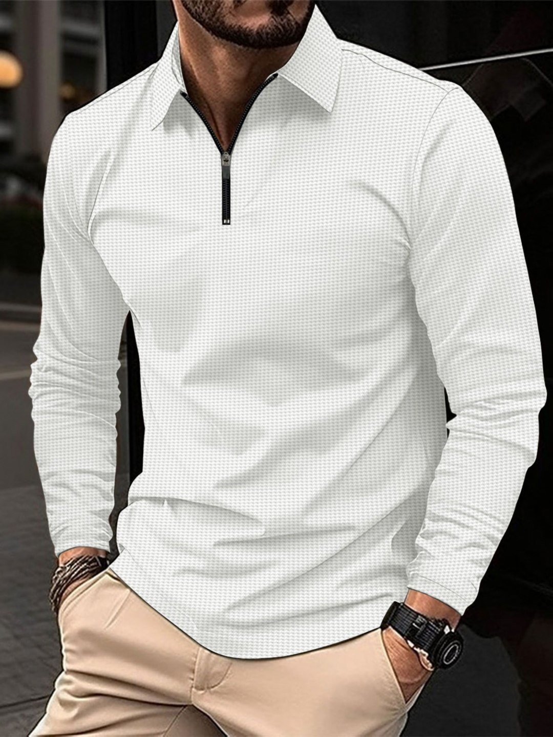 

StyleCast x Revolte Men Self Design Polo Collar T-shirt, White