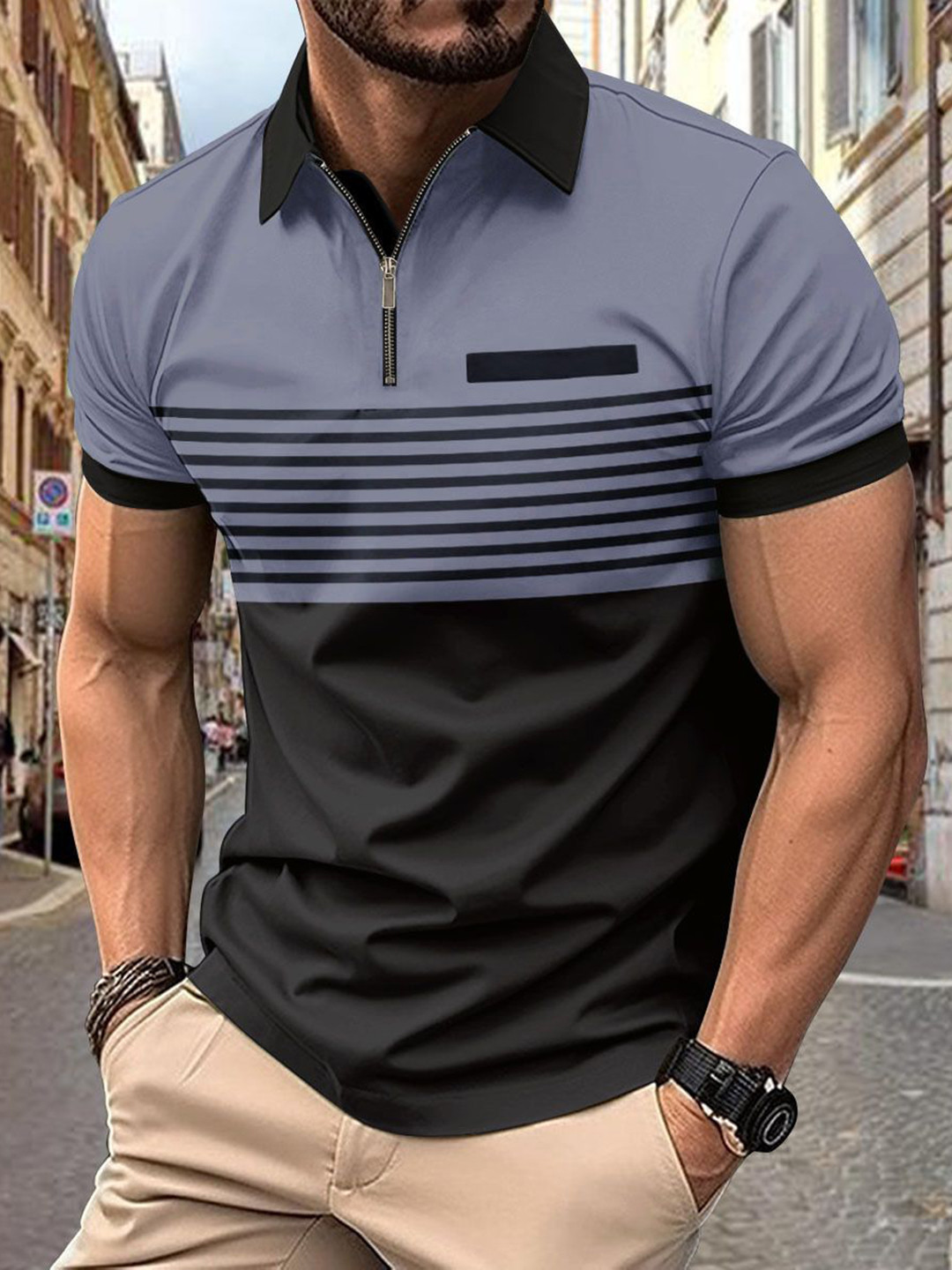 

StyleCast x Revolte Men Striped Polo Collar Slim Fit T-shirt, Black