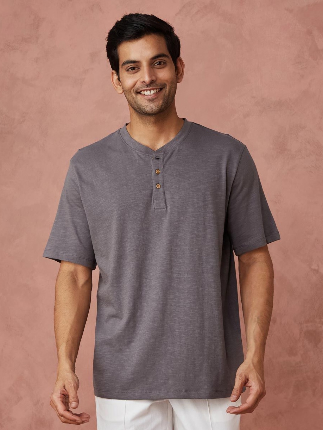 

Fabindia Men Solid Henley Neck Cotton Relaxed Fit T-shirt, Grey