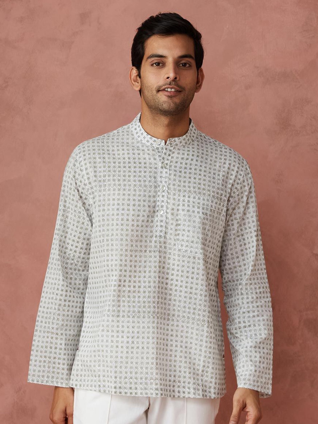 

Fabindia Men Geometric Printed Band Collar Cotton Casual Shirt, White