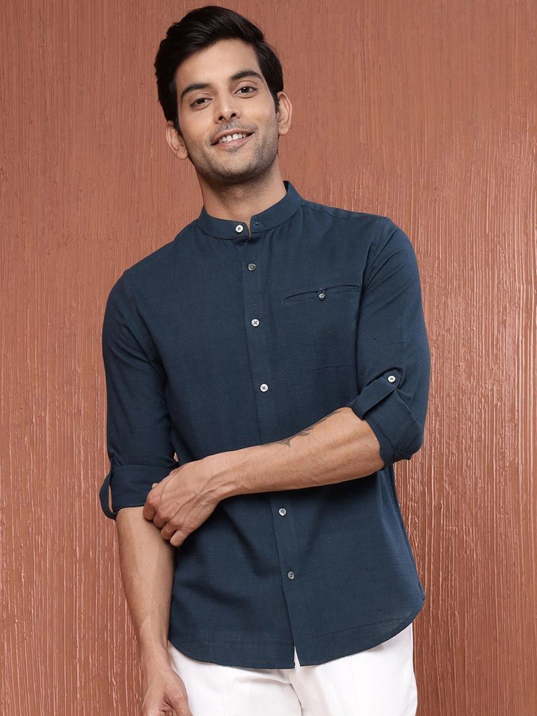 

Fabindia Men Band Collar Solid Cotton Slim Fit Casual Shirt, Navy blue