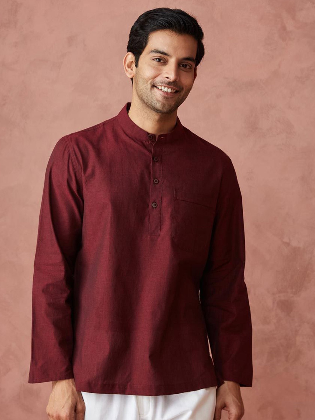 

Fabindia Men Solid Band Collar Cotton Casual Shirt, Maroon