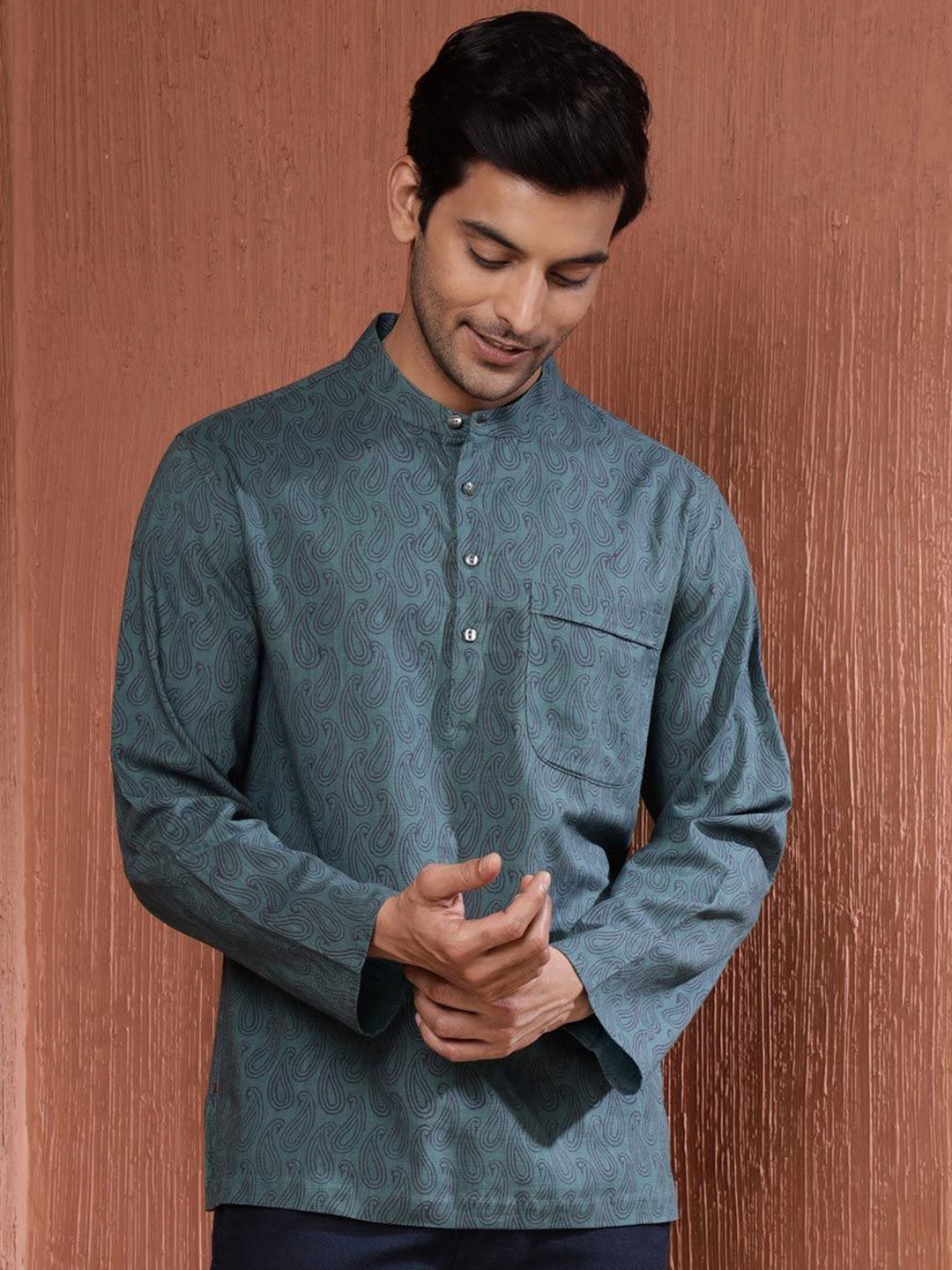 

Fabindia Men Ethnic Printed Cotton Casual Shirt, Teal