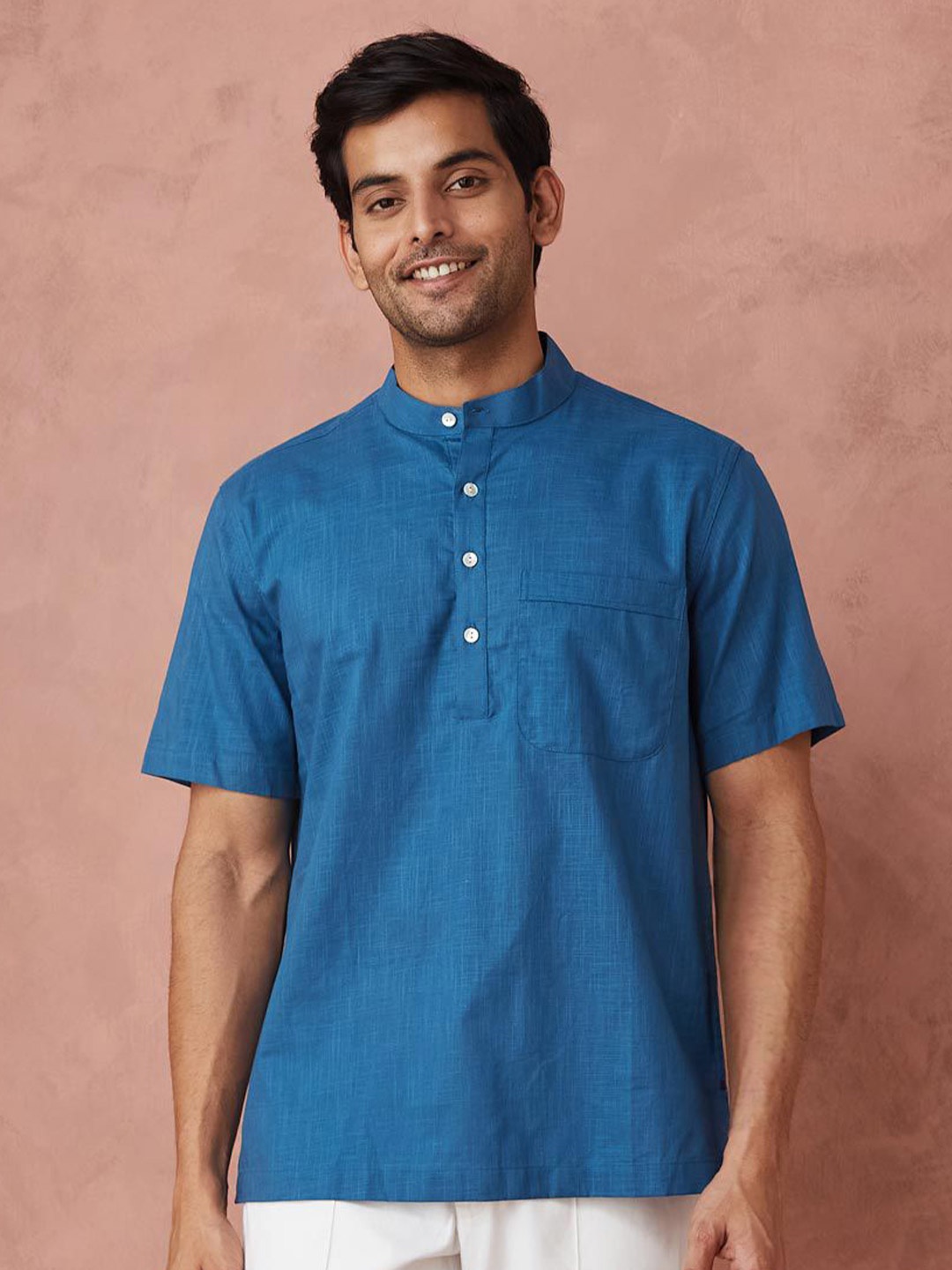 

Fabindia Men Solid Band Collar Casual Shirt, Blue