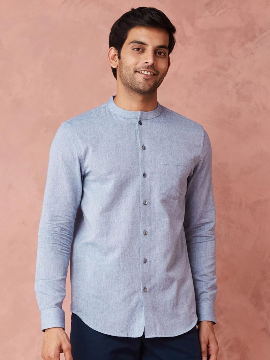 

Fabindia Men Band Collar Solid Cotton Slim Fit Casual Shirt, Blue