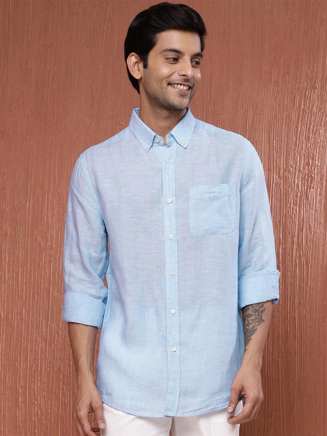 

Fabindia Men Button-Down Collar Solid Linen Casual Shirt, Blue
