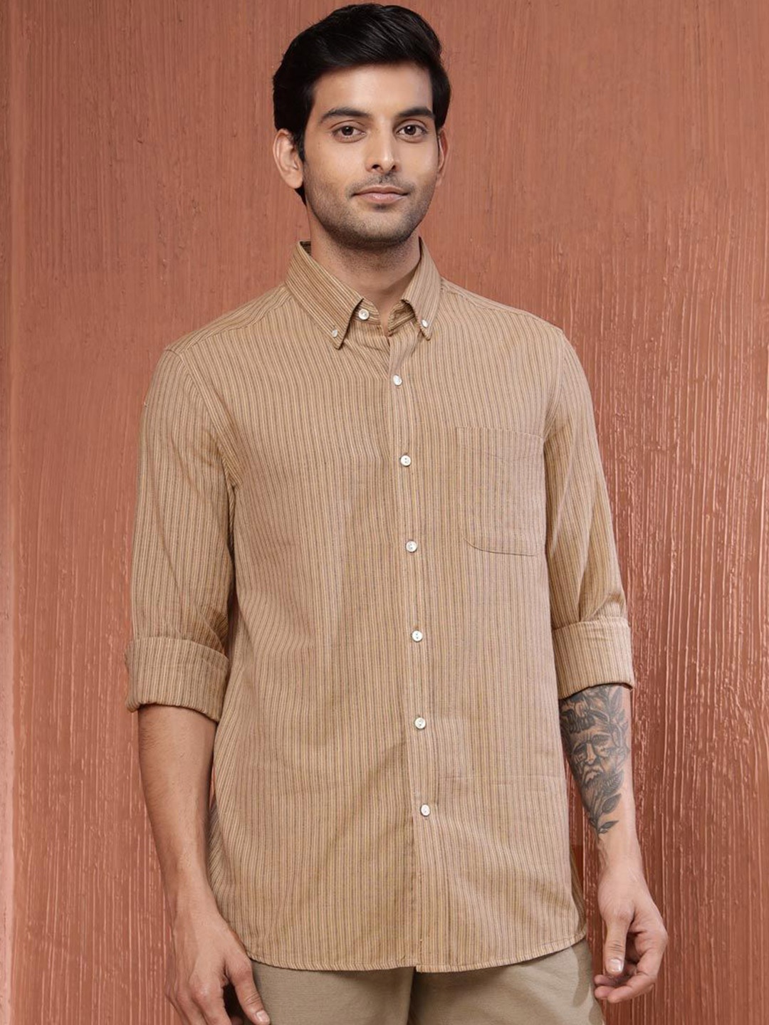 

Fabindia Men Button-Down Collar Vertical Striped Cotton Casual Shirt, Brown