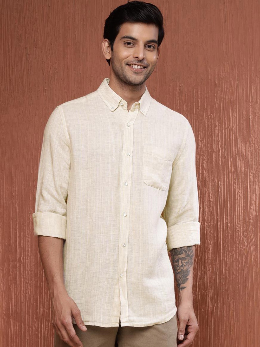 

Fabindia Men Button-Down Collar Solid Casual Shirt, Cream