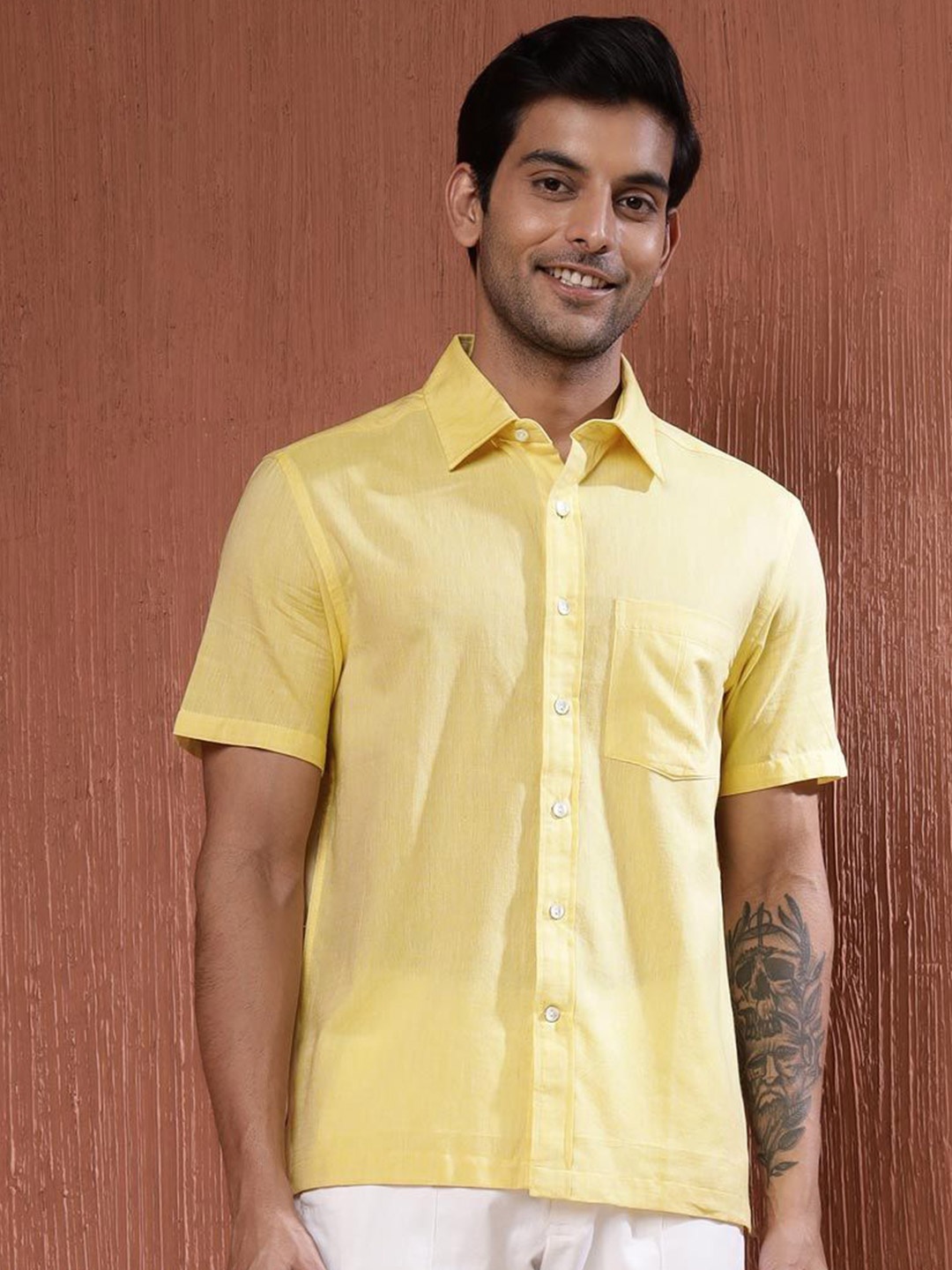 

Fabindia Men Spread Collar Solid Cotton Casual Shirt, Yellow
