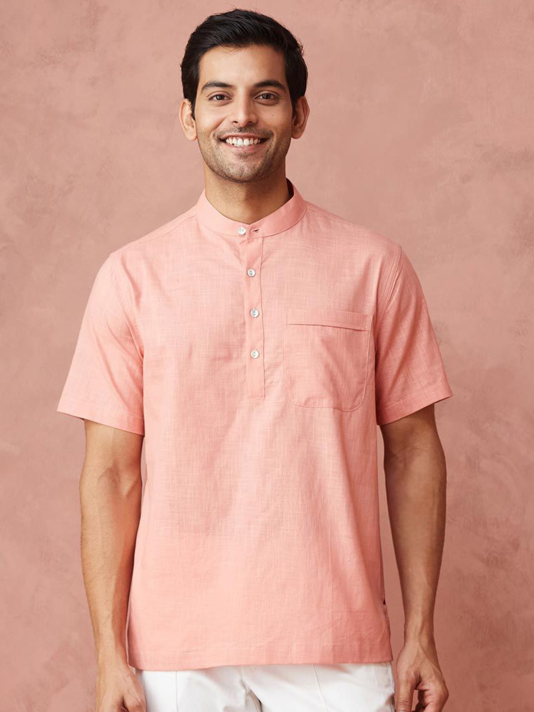 

Fabindia Men Solid Band Collar Cotton Casual Shirt, Pink