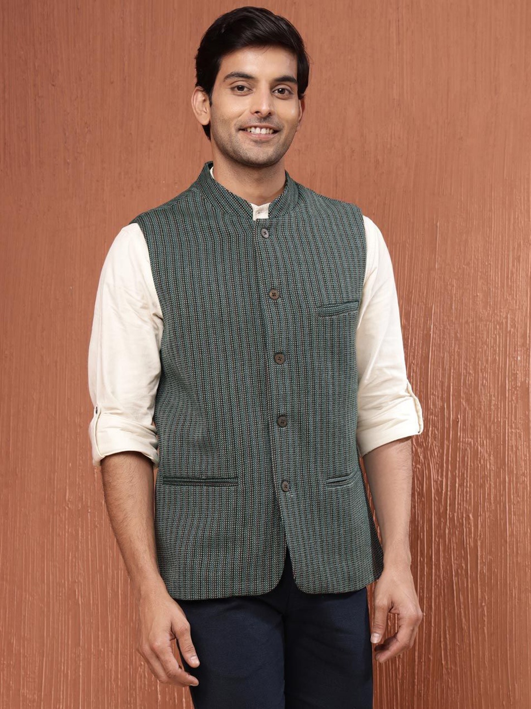 

Fabindia Woven Designed Wool Mandarin Collar Nehru Jacket, Blue
