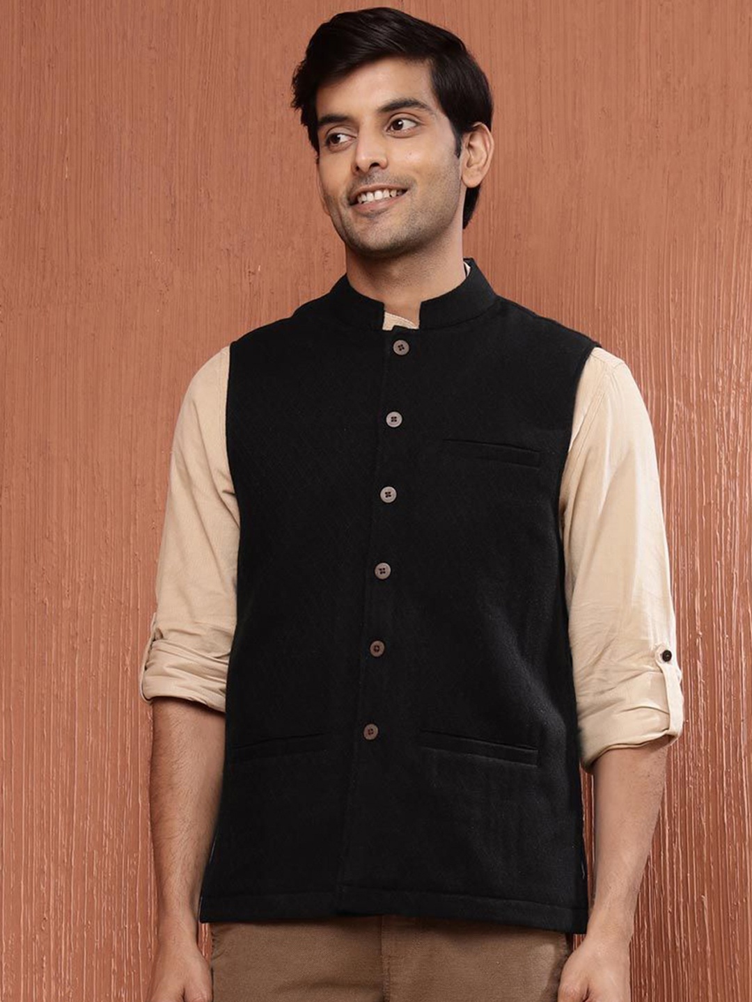 

Fabindia Men Woven Design Pure Wool Nehru Jacket, Black