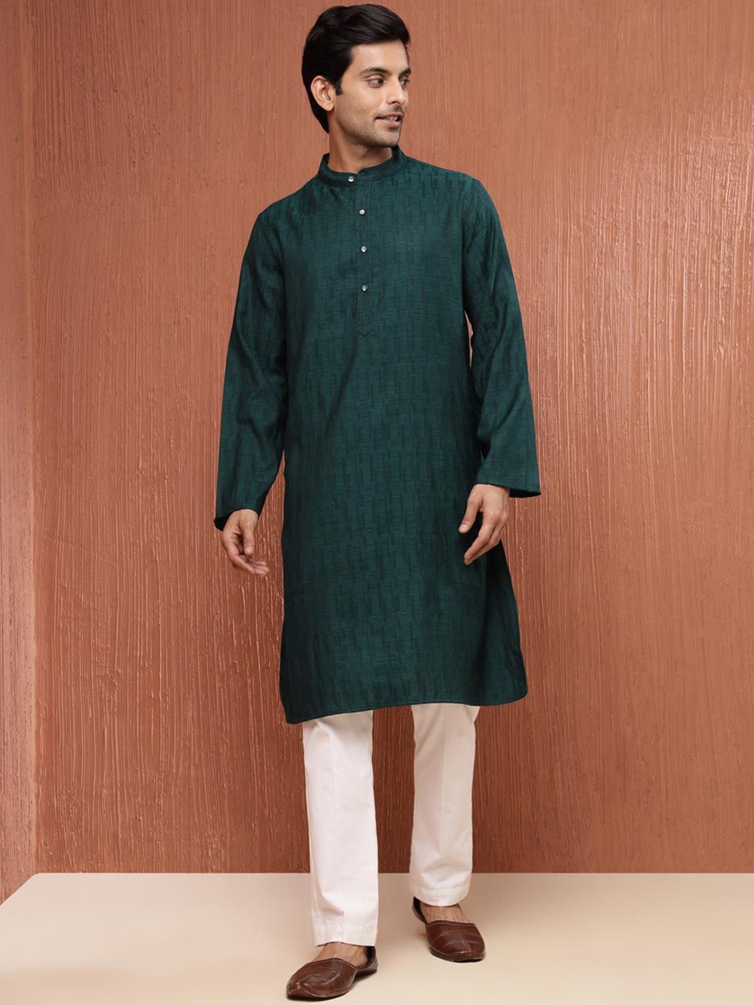 

Fabindia Woven Design Mandarin Collar Straight Woollen Kurta, Teal