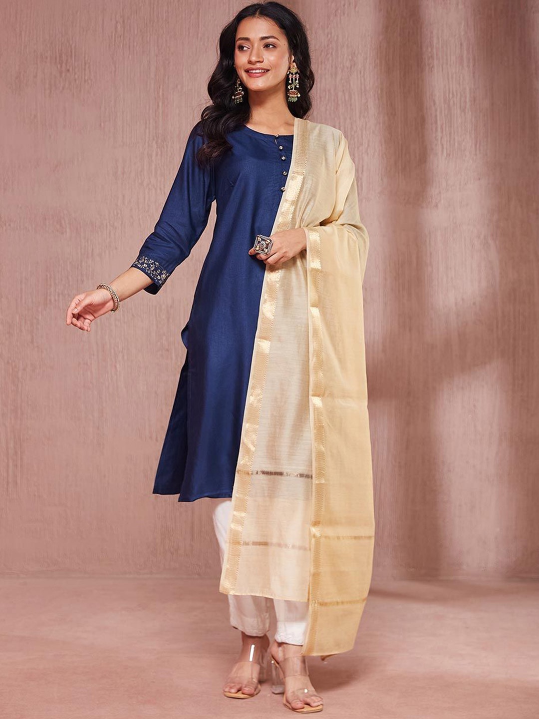 

Fabindia Woven Design Cotton Silk Dupatta With Zari, Beige