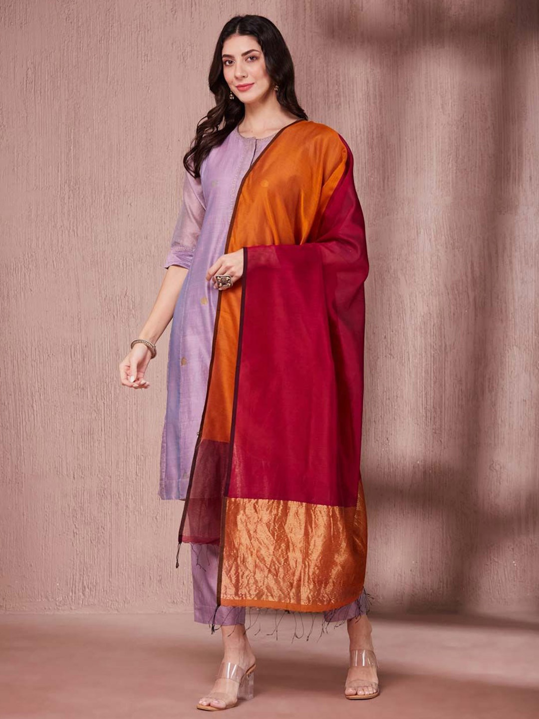 

Fabindia Colourblocked Cotton Silk Dupatta, Orange