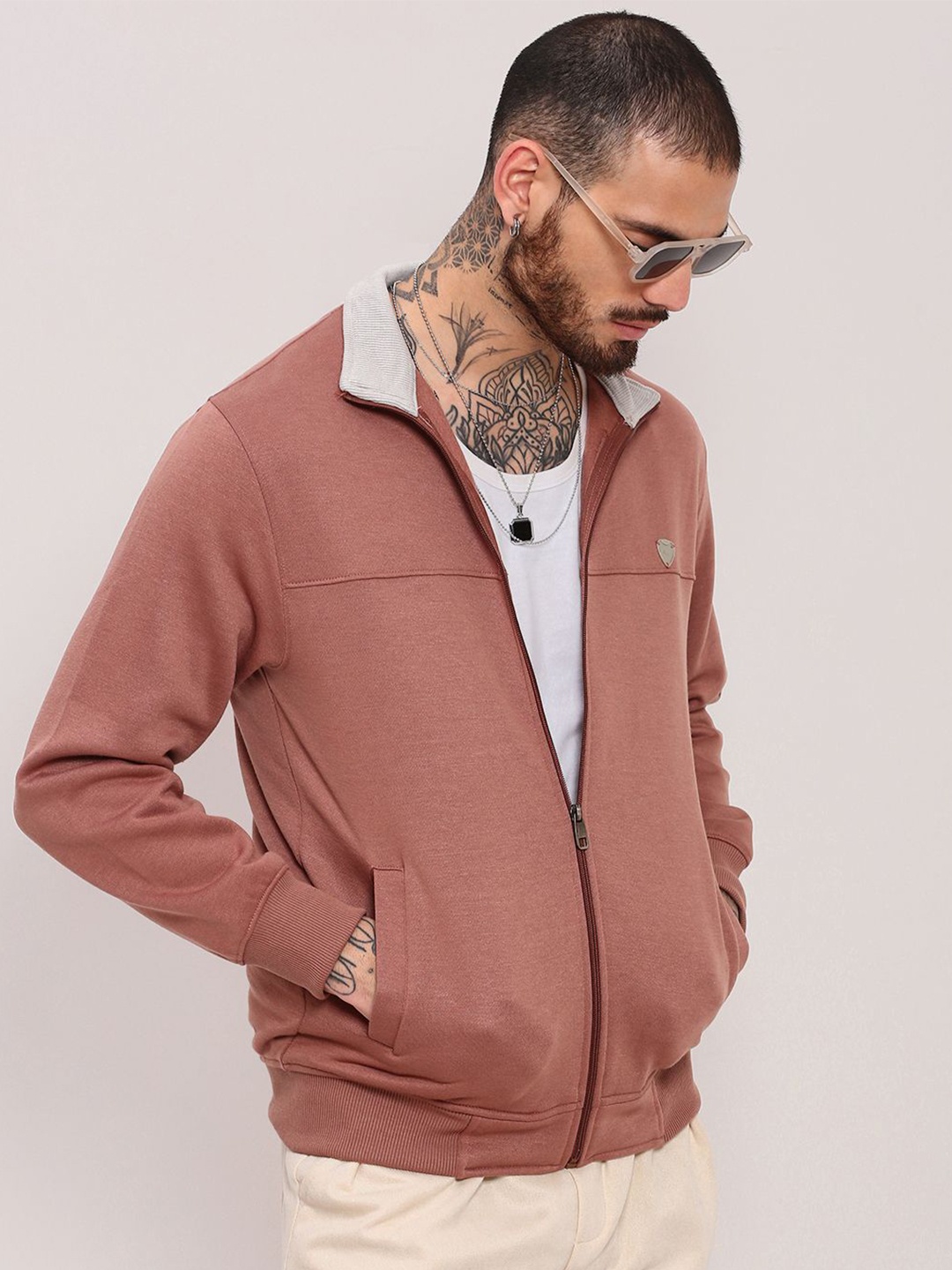 

SHOWOFF Men Cotton Mock Collar Sweatshirt, Peach