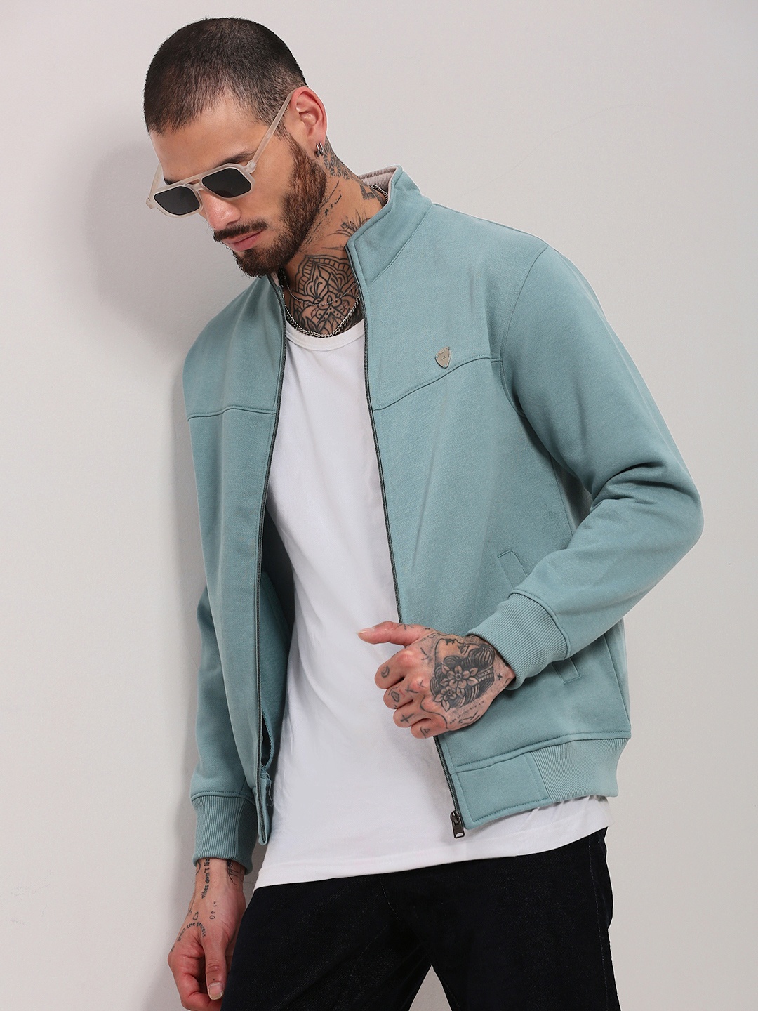 

SHOWOFF Men Mock Collar Front-Open Sweatshirt, Sea green