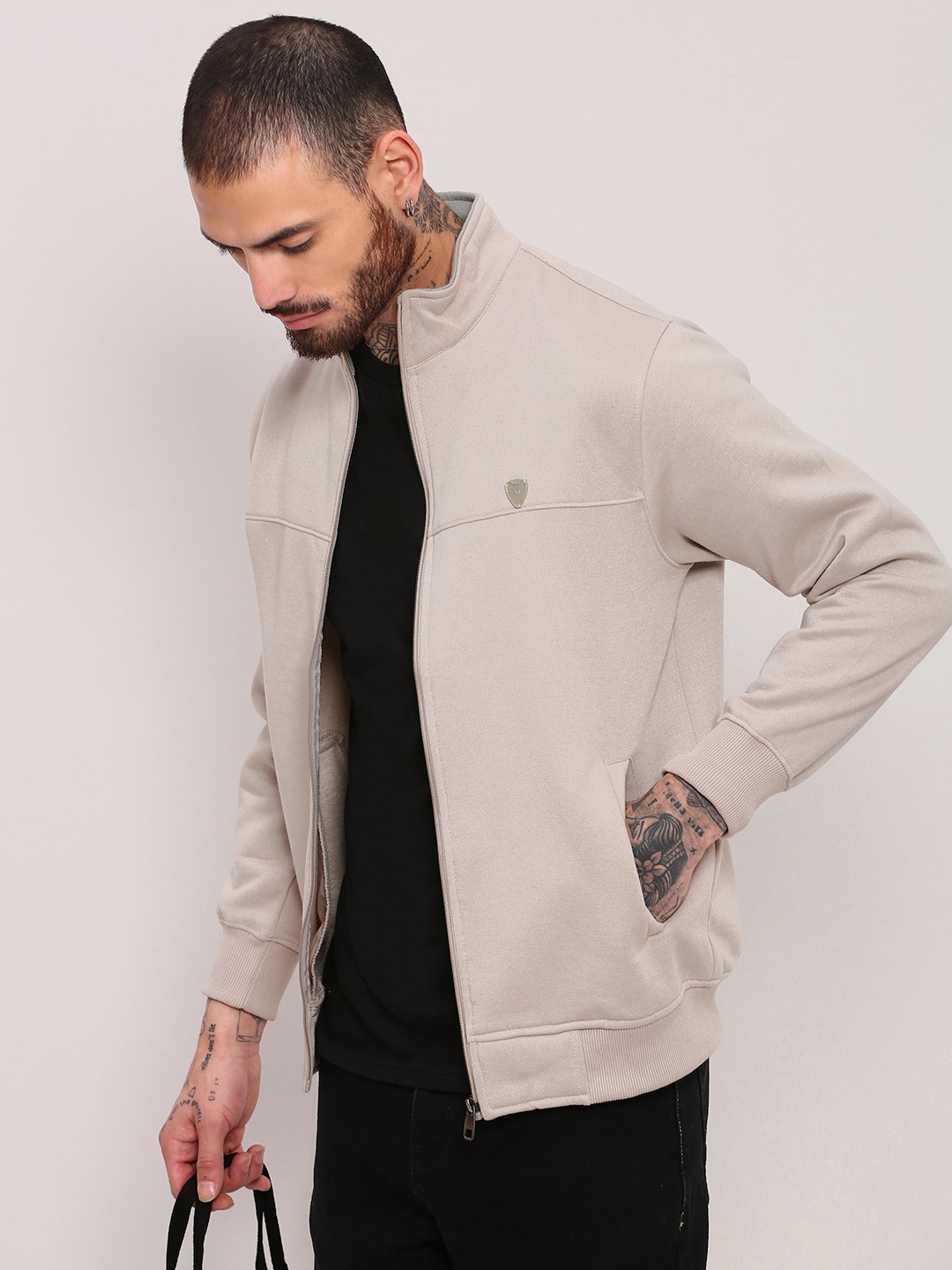 

SHOWOFF Men Mock Collar Cotton Sweatshirt, Grey
