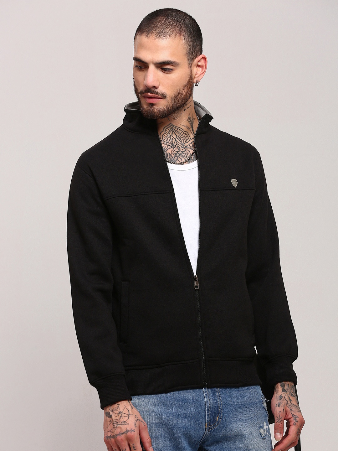 

SHOWOFF Men Mock Collar Front-Open Sweatshirt, Black