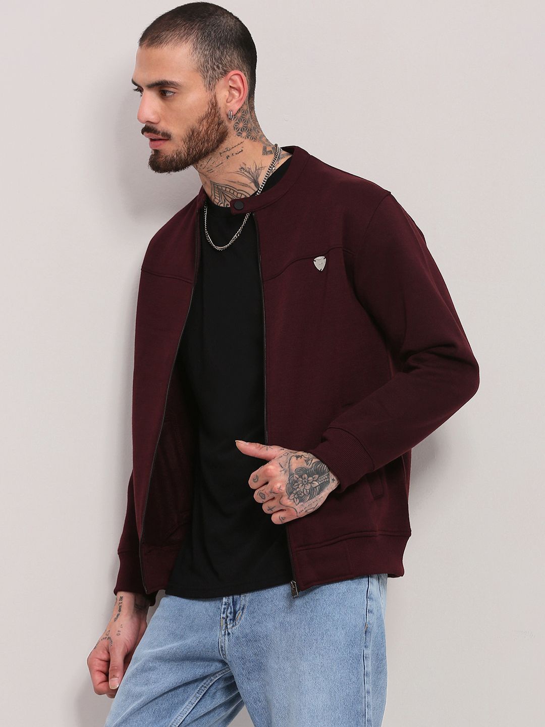 

SHOWOFF Men Mandarin Collar Cotton Sweatshirt, Burgundy