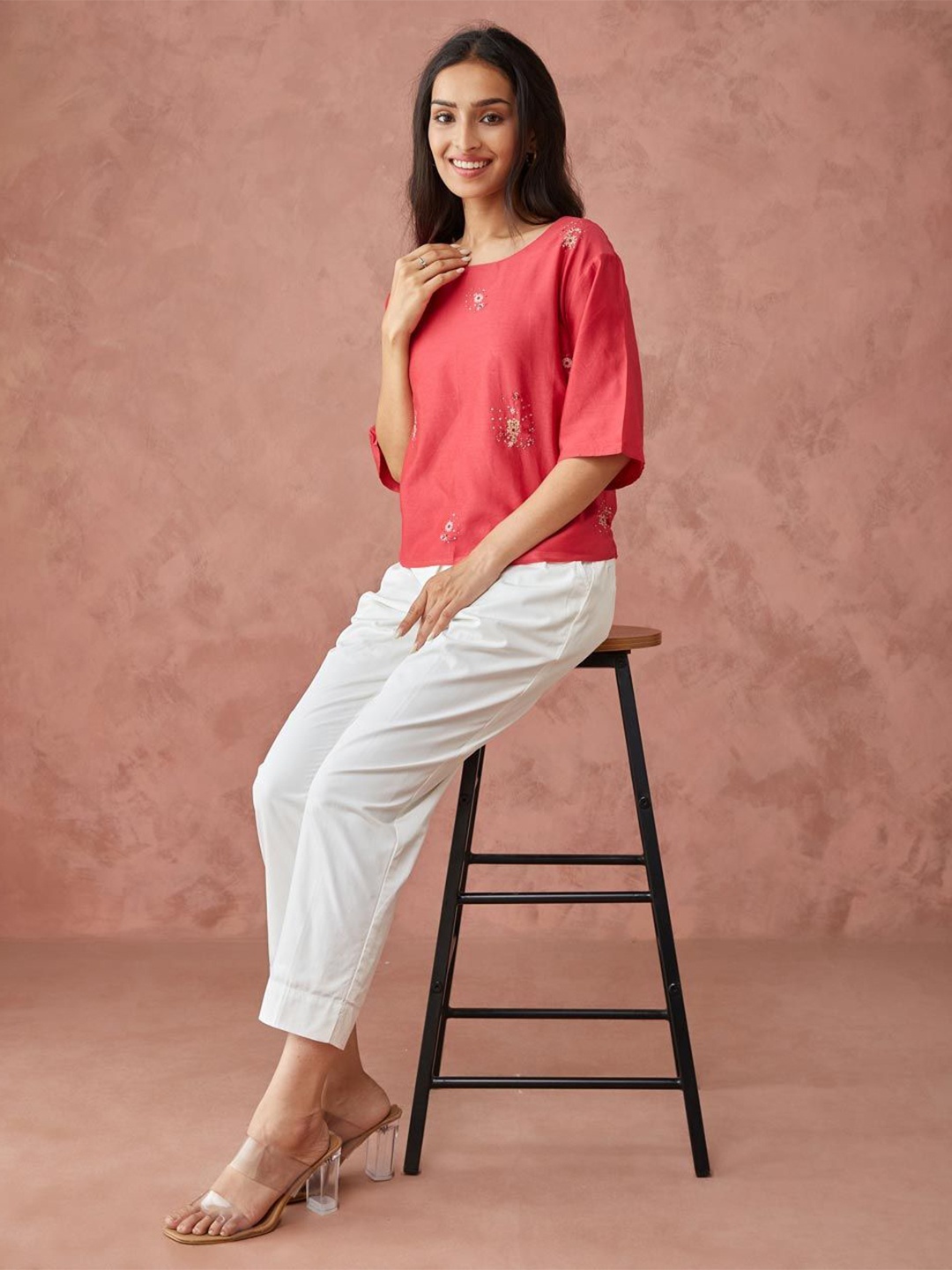 

Fabindia Women Embroidered Cotton Top, Red