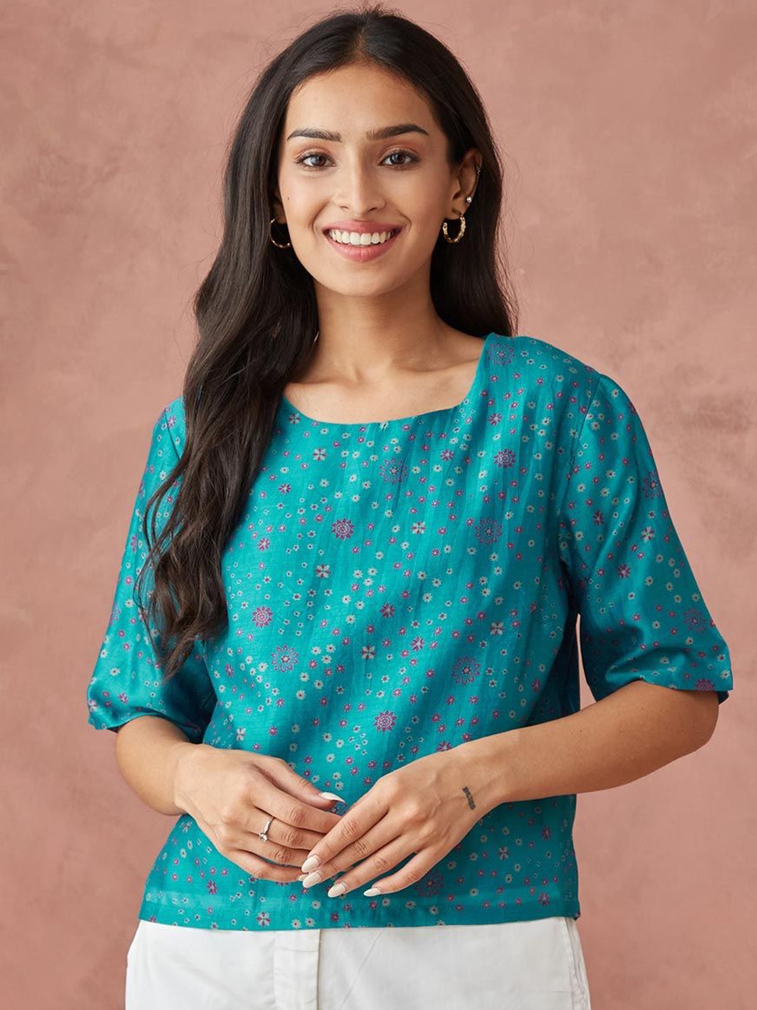 

Fabindia Women Printed Cotton Crop Top, Blue