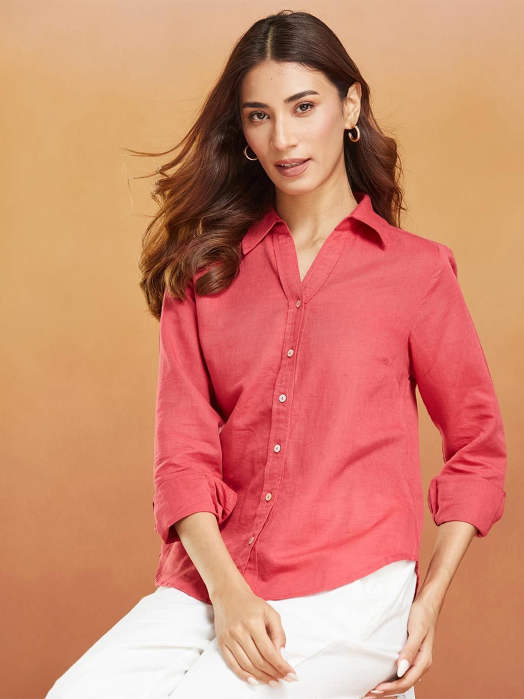 

Fabindia Women Spread Collar Solid Cotton Linen Slim Fit Casual Shirt, Pink
