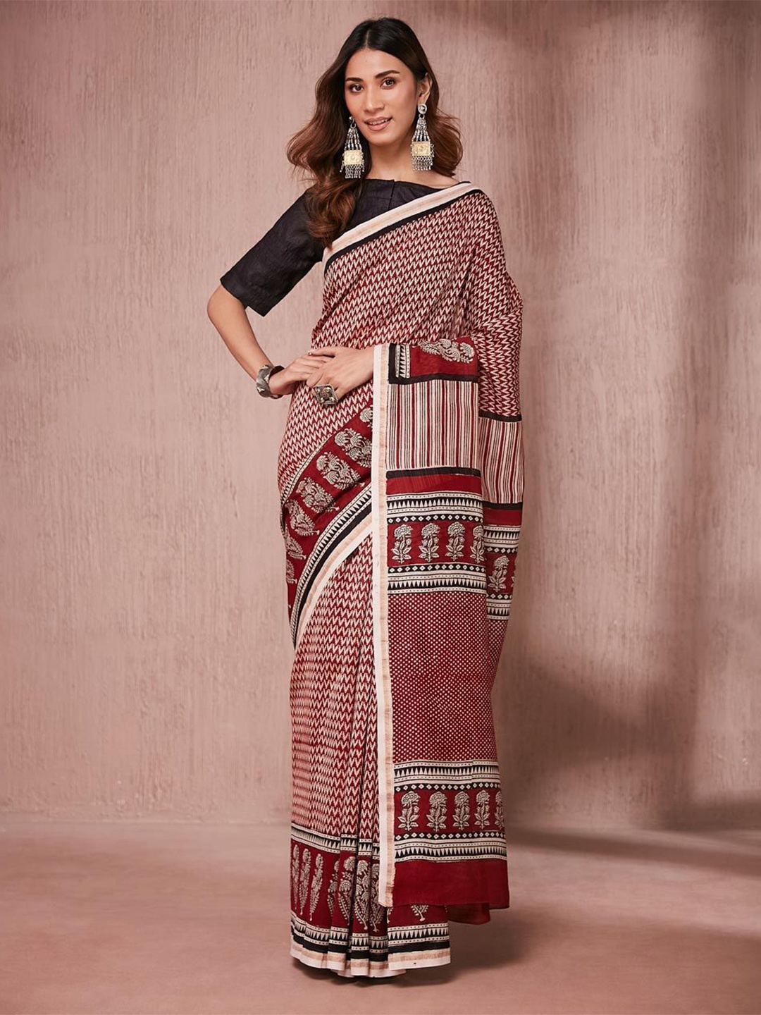 

Fabindia Ethnic Motifs Printed Bagh Saree, Maroon