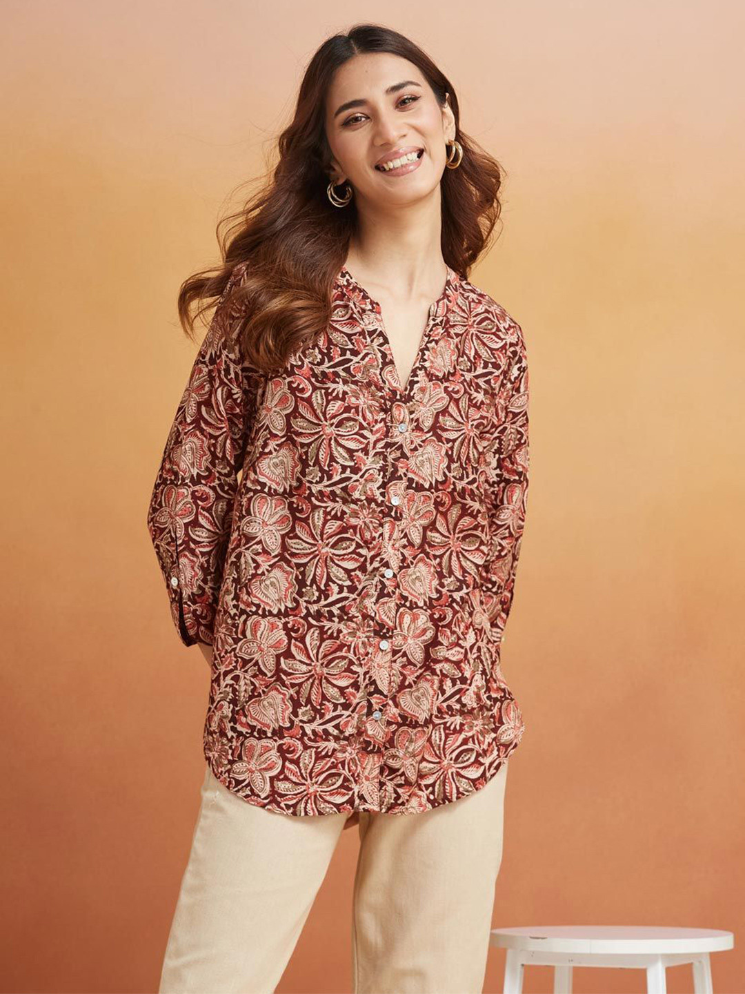 

Fabindia Women Collarless Floral Printed Casual Shirt, Maroon