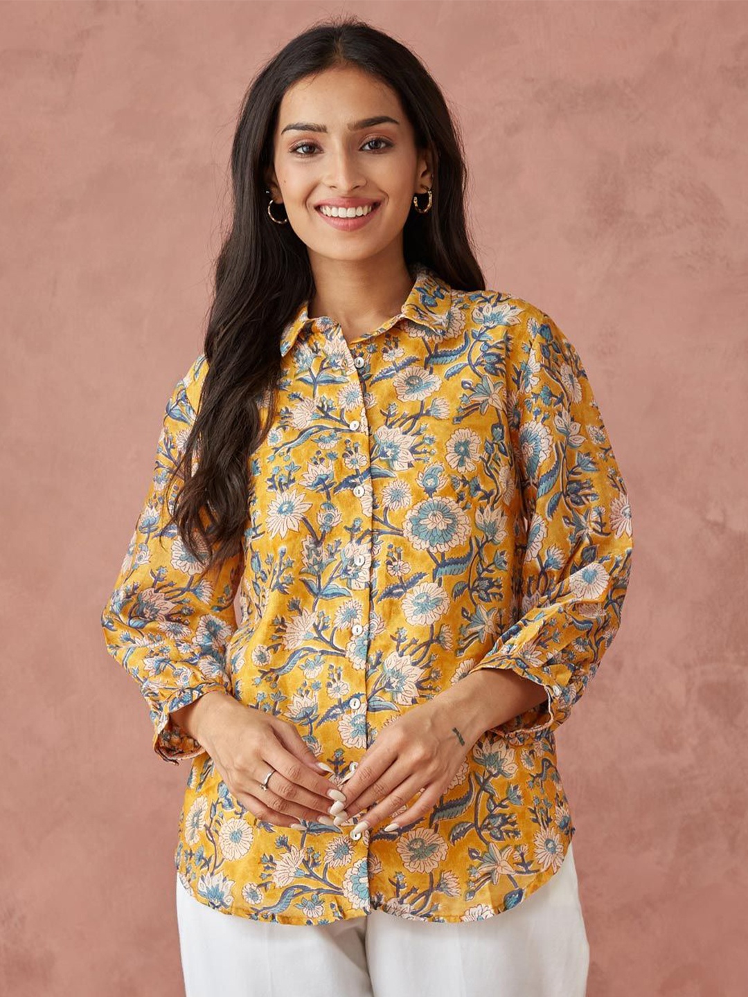 

Fabindia Women Spread Collar Floral Printed Cotton Party Shirt, Mustard