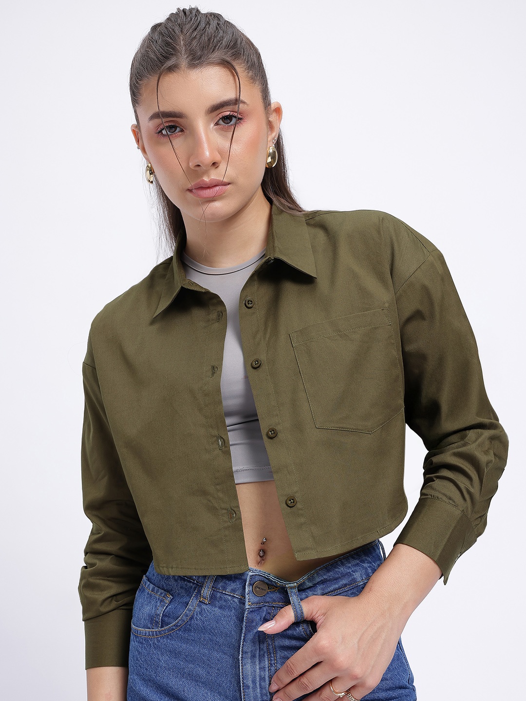 

glitchez Everyday Edge Loose Fit Crop Shirt, Olive