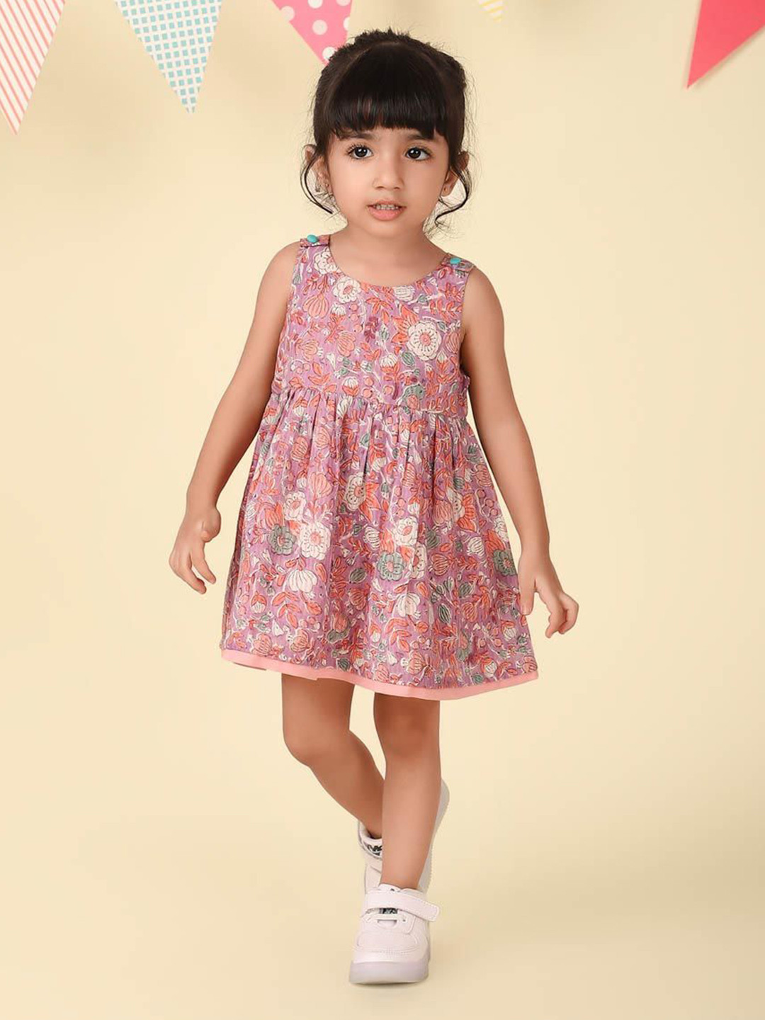 

Fabindia Girls Floral Printed Cotton Fit & Flare Dress, Purple