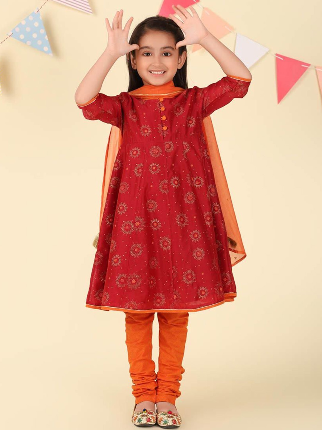 

Fabindia Girls Printed Cotton Silk Regular A-Line Kurta with Churidar & Dupatta, Red