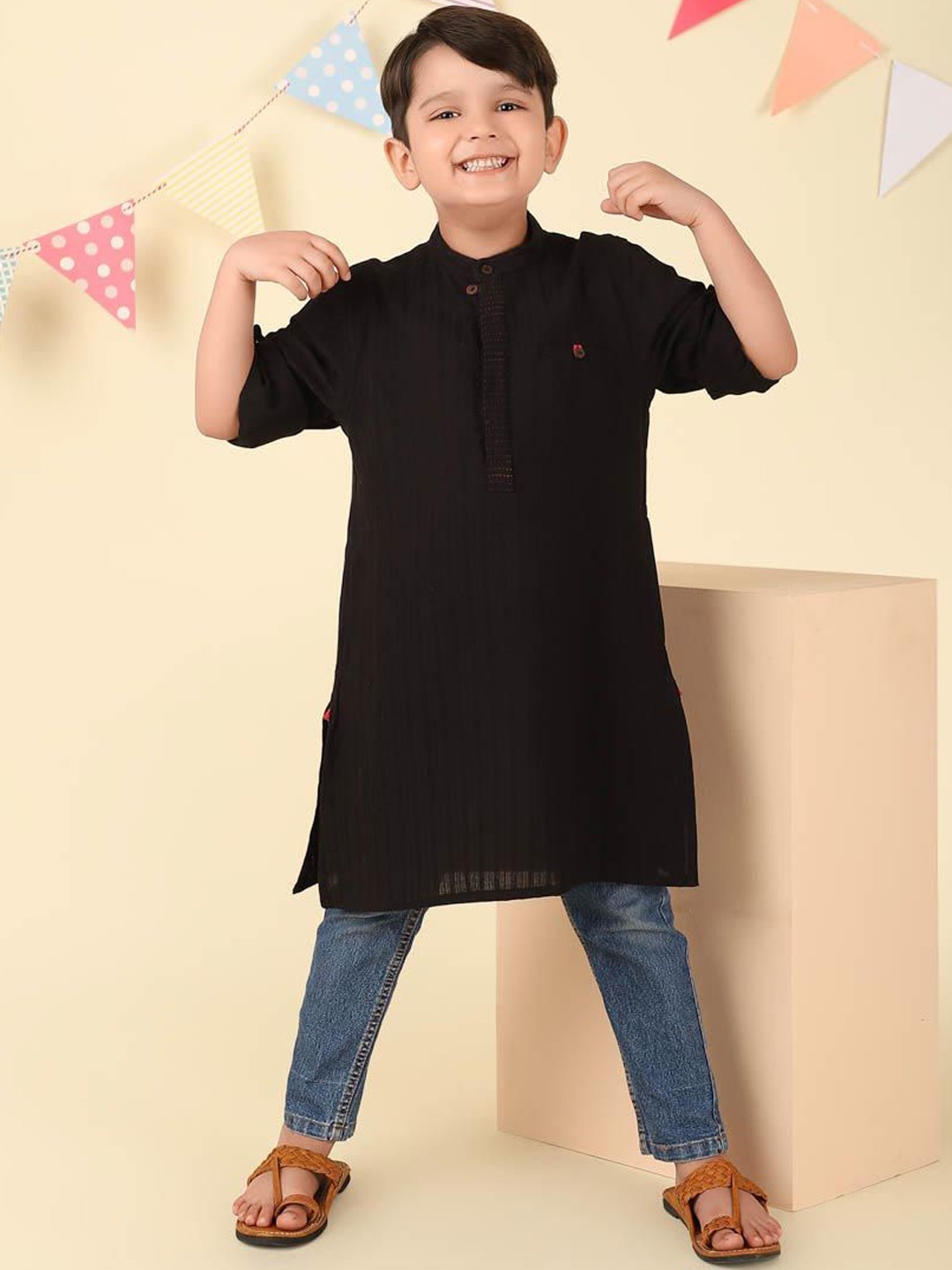 

Fabindia Boys Striped Mandarin Collar Cotton A-Line Kurta, Black